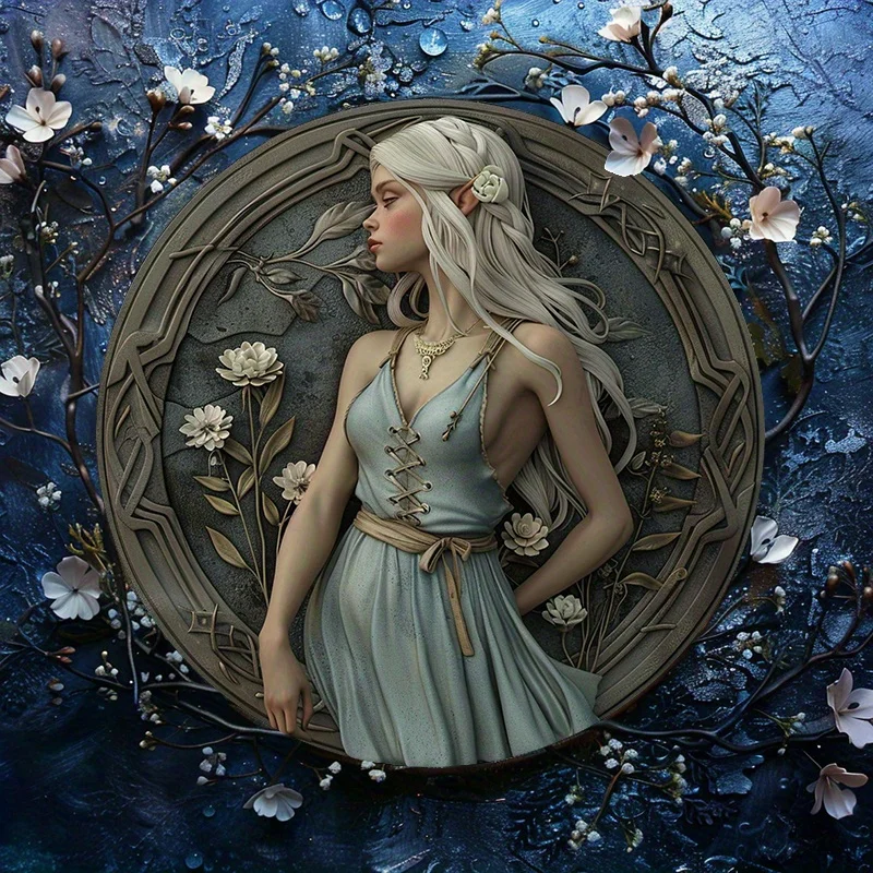 

Enchanting Elven Woman in Blue Dress, Round Aluminum Sign, Uv & Scratch Resistant, Easy To Hang, Decorative Wall Poster