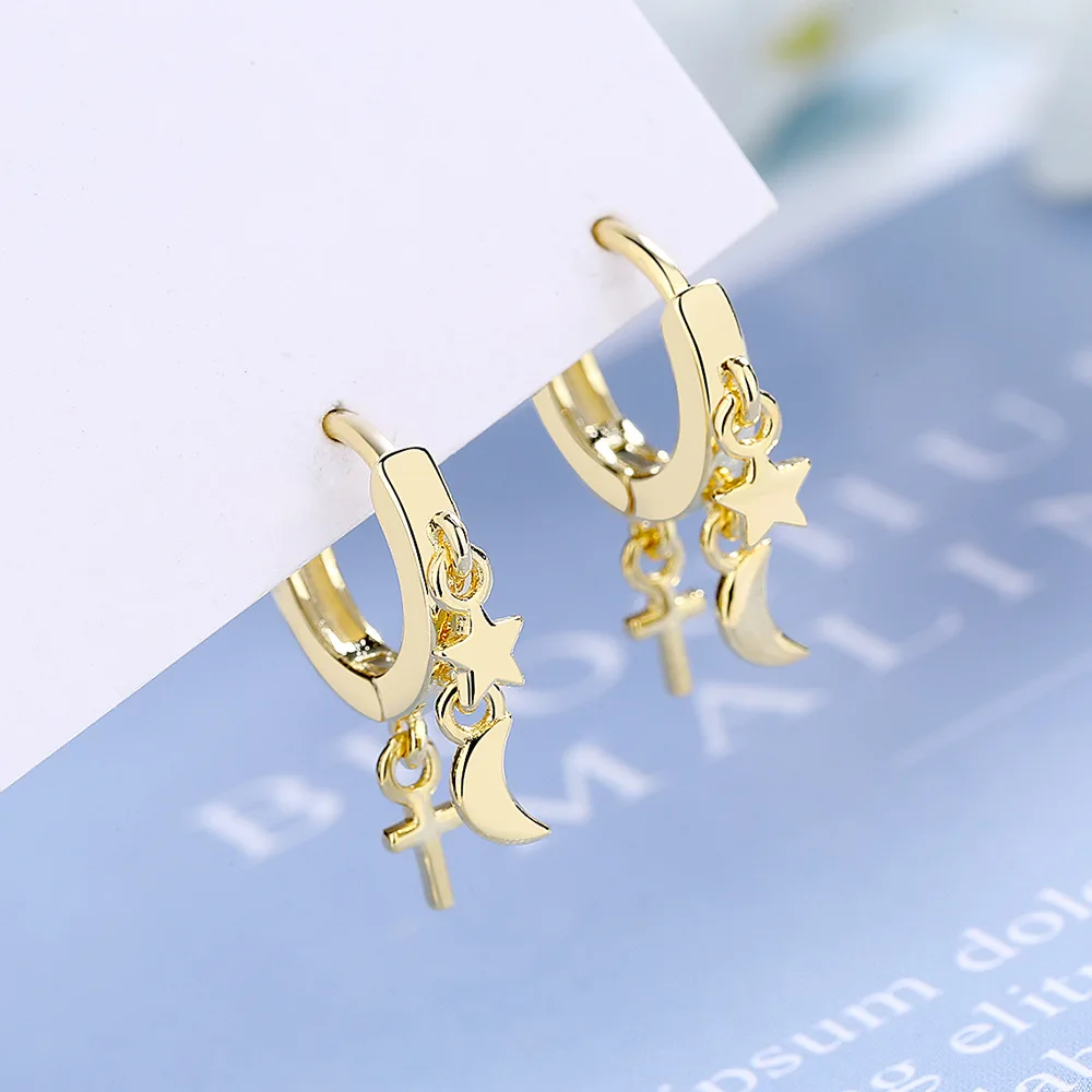 Fanqieliu High Quality New Jewelry 925 Sterling Silver Vintage Moon Star Cross Hoop Earrings For Women FQL20495