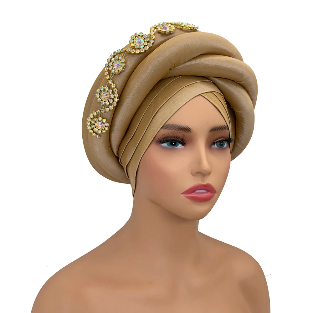 Twisted Braid Turban Cap untuk wanita Afrika wanita kepala membungkus berlian Nigeria mentah sutra Autogele Headtie topi Muslim hiasan kepala Pesta