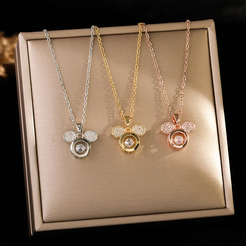 Cute Rotating Mickey Mouse Pendant Necklace,Shimmer Zircon Inlaid Chain Jewelry,Playful Cartoon Accessory,Charming Birthday