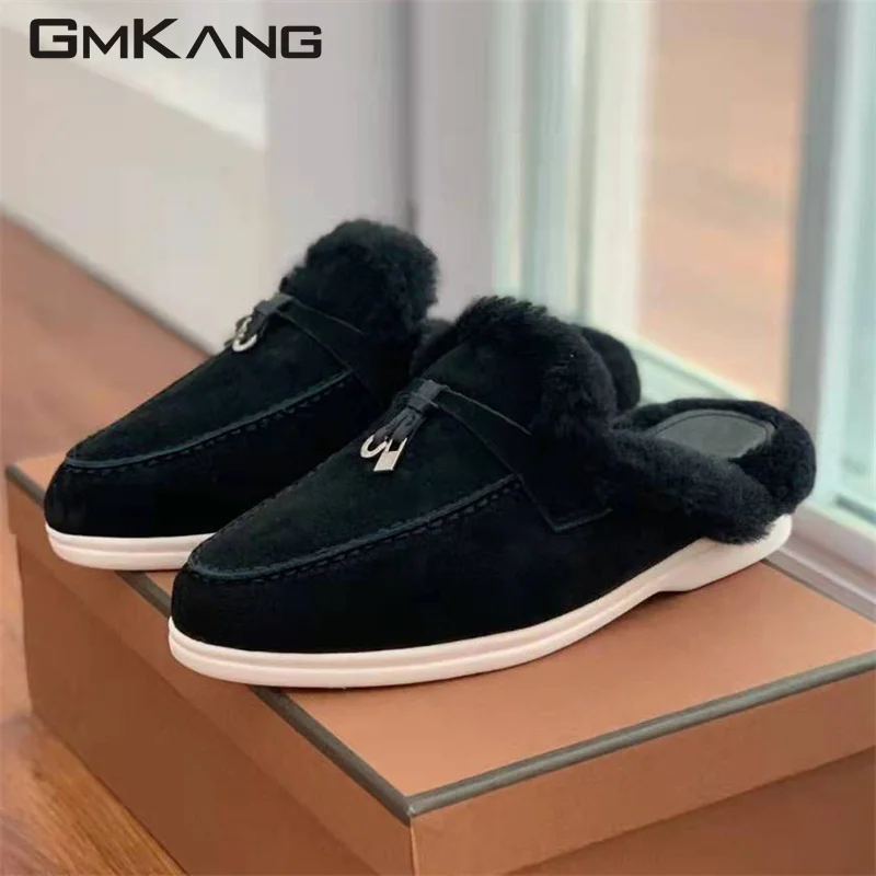 New Kid Suede Slippers Women Metal Lock Pendant Flat Shoes Woman Round Toe Casual Mules Winter Wool Slides Walk Shoes Women