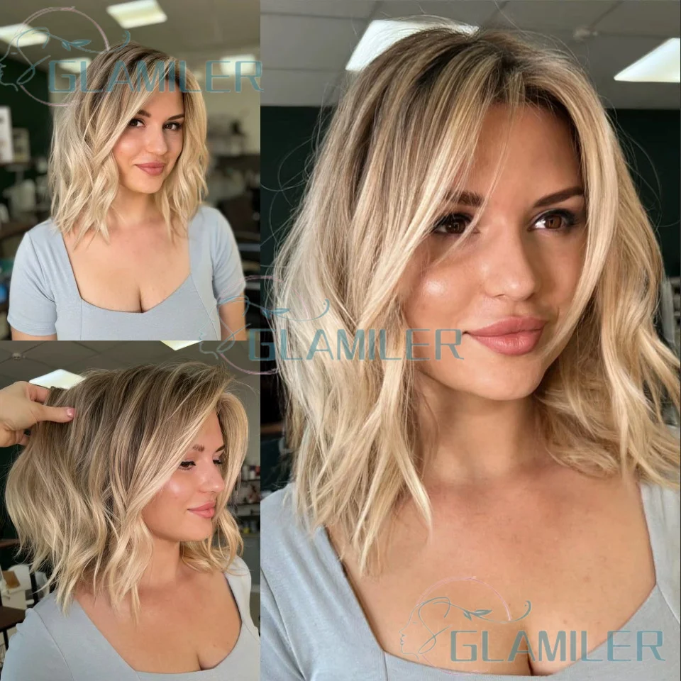 شعر بشري قصير مموج يسلط الضوء على شعر مستعار بوب أشقر Balayage # 613 شعر مستعار بدانتيل أمامي مقاس 13 × 4 مع شعر مستعار دانتيل كامل بجذور بني داكن