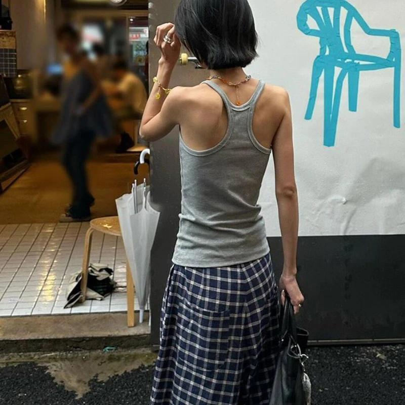 

Retro Gray Suspender Minimalist Vest Women Summer Wear Inside and Outside Design Sense Niche Chic Hot Girl Sleeveless Top