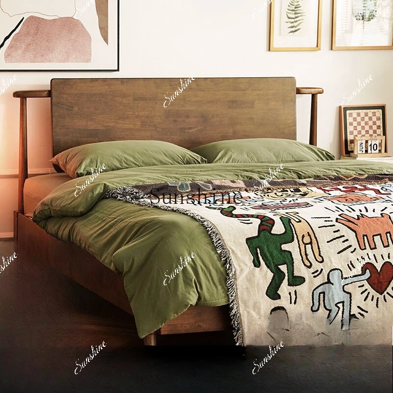 Nordic all solid wood 1.8 master bedroom double retro furniture with socket  FT