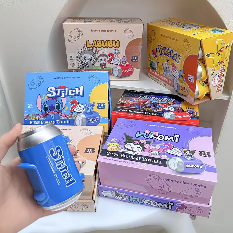 

New Stitch Kuromi Labubu 12pcs Blind Can Box Surprise Backpack Jewelry Keychain Rope Model Doll Cards Toy Ornament Children Gift