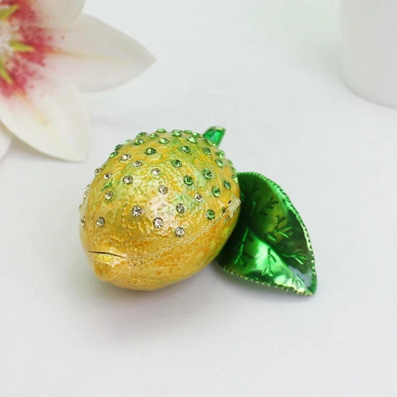SHINNYGIFTS Lemon Trinket Box Enamel Hinged Jewelry Box Hand Painted Collectible Fruist Metal Figurine Home Decor Gift Box