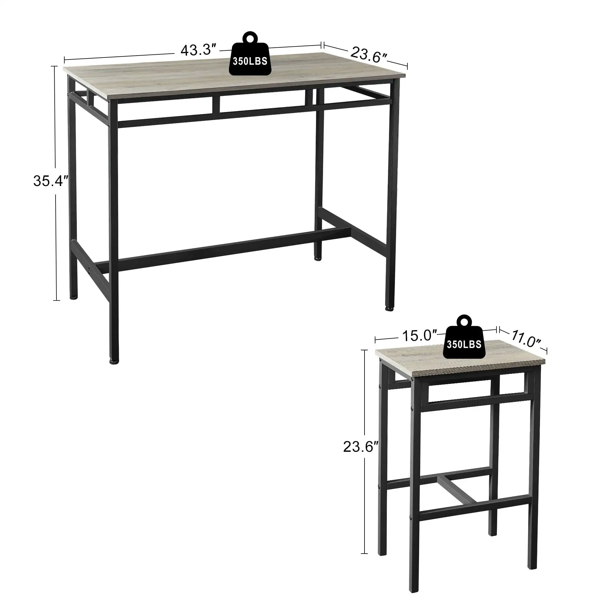 5-Piece Bar Table Set, Industrial Counter Height Pub Table with 4 Stools for Kitchen Restaurant - Gray