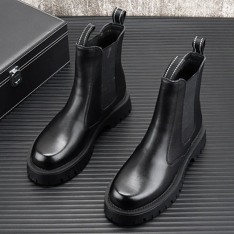 British style men casual high chelsea boots black white shoes party banquet dress natural leather boot cool long platform botas