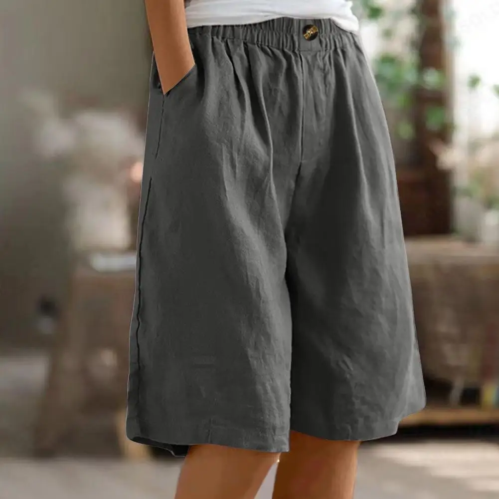 Summer Shorts for Women Knee Length High Waisted Baggy Shorts with Pockets Elastic Waist Cotton Linen Beach Vacation Shorts