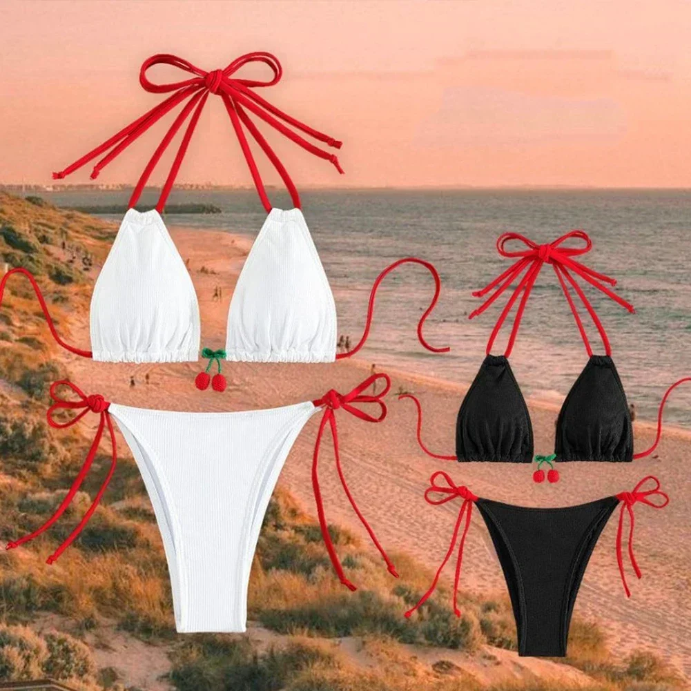 Seksowne bikini z niskim stanem strój kąpielowy plażowe damskie stroje kąpielowe kobiety Halter solidne paski kostiumy kąpielowe kostiumy kąpielowe brazylijskie Biquini