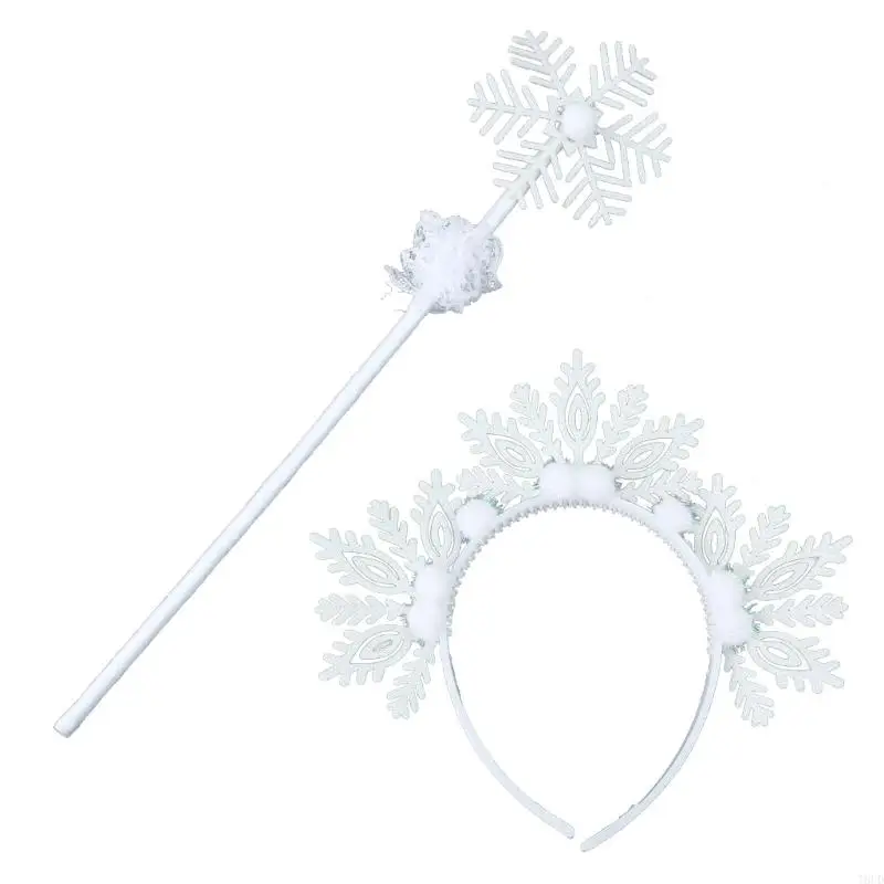 T8UD White Snowflake Headpiece and Wand Set for Halloween Party Dressing Up