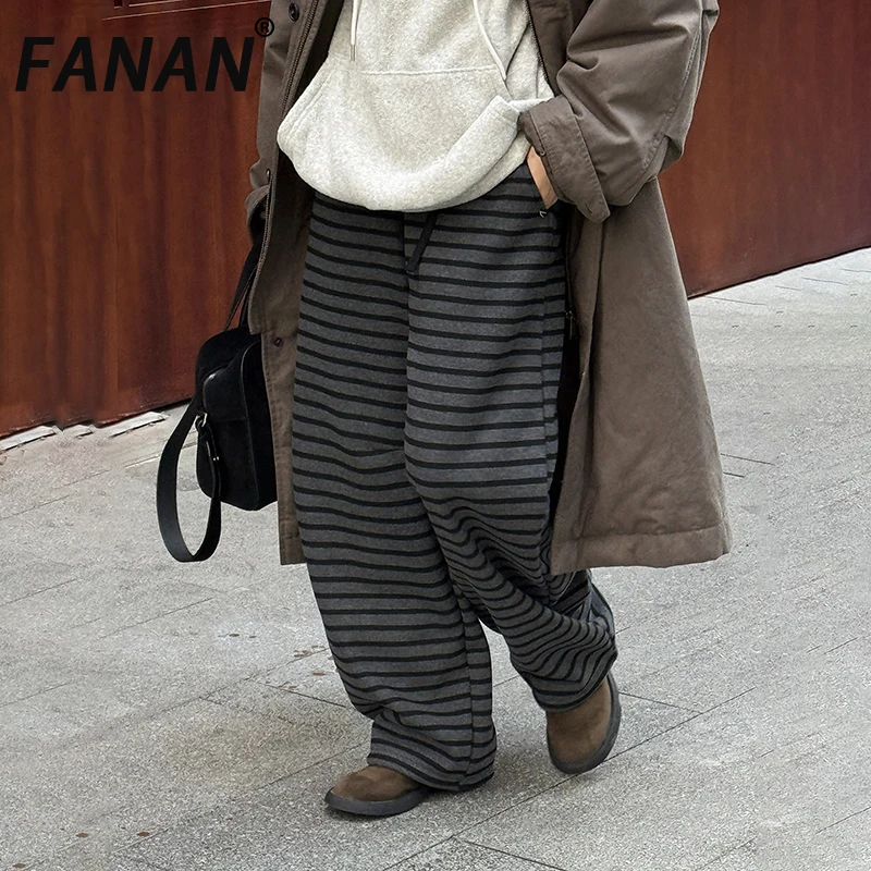 

FANAN Thick Warm Striped Contrast Color Pants For Women Elastic High Waist Straight Wide Leg Trousers Female Clothing Winter New