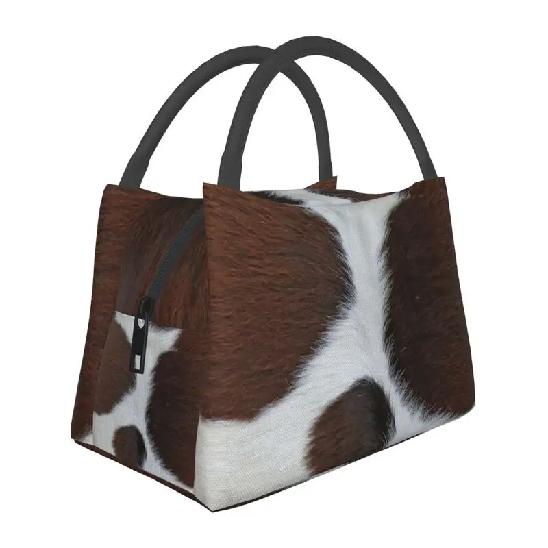 

Rusric Faux Fur Cowhide Style Pattern Insulated Lunch Bags Women Animal Fur Texture Print Portable Cooler Thermal Food Lunch Box
