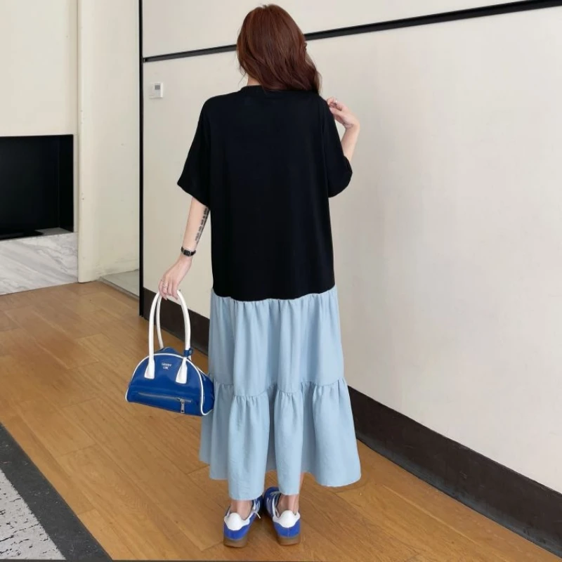 Zomer T-shirtjurk Korea-stijl dames losse grote maten onregelmatige patchwork korte mouw lange jurk gewaad elbise kleding
