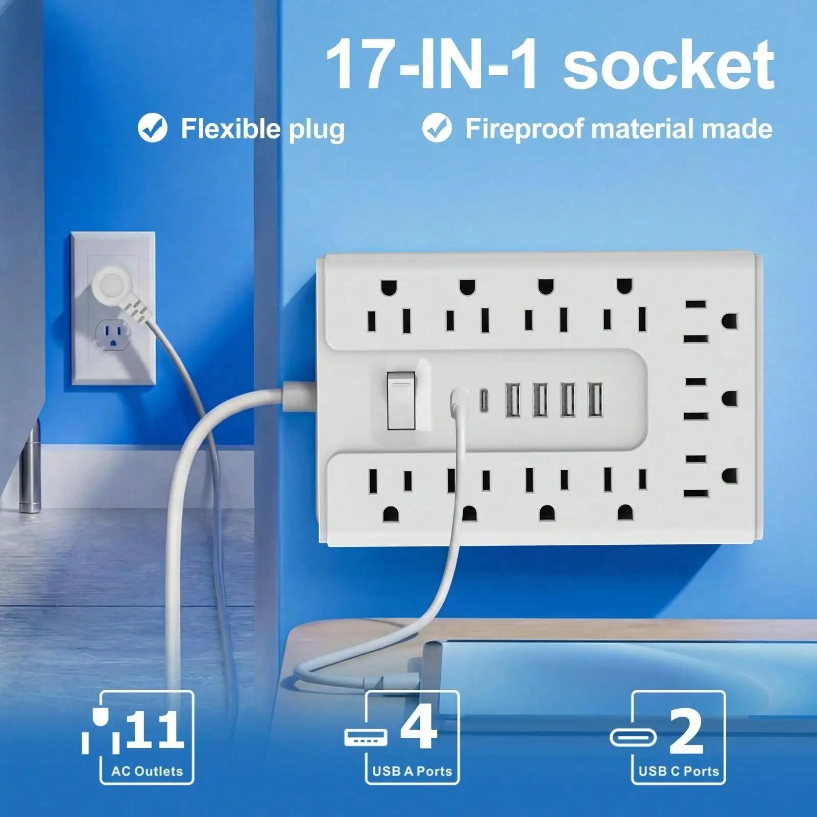 Power Strip Surge Protector, 11 Widely Outlets with 6 USB Ports (2 USB C), Multi Plug Wall Outlet Extender, 5FT Extension Cord