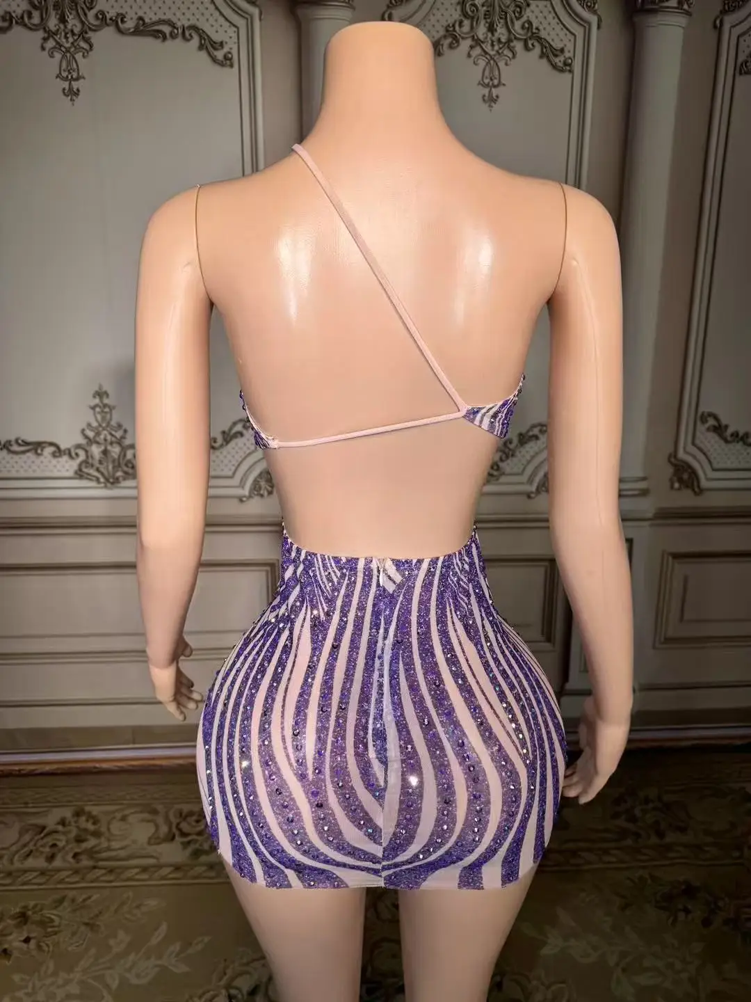 Funkelnde Diamanten Kristall Sexy Mesh Durchsichtiges, figurbetontes Minikleid Frauen Geburtstagsfeier Feiern Performance Kostüm