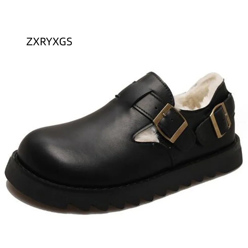 

ZXRYXGS Premium Pu Leather with Plush Winter Shoes Women Flats 2024 Bestselling Round Toe Comfort Warm Cotton Shoes Casual Flats