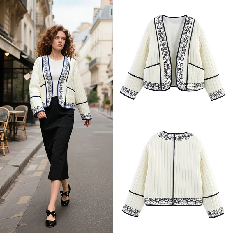 Veste femme ethnique motif brodé garniture contrastée Trafizaran automne hiver porter décontracté vêtements de voyage femme vêtements