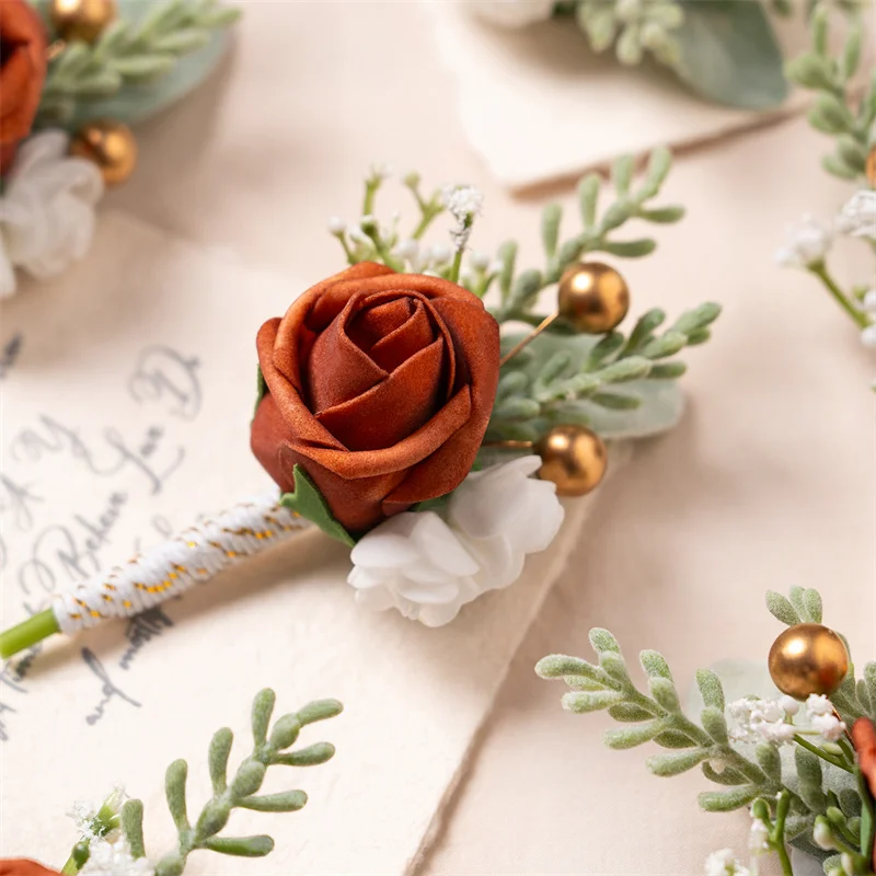 Burnt Orange Boutonniere Groom Best Man Groomsmen Artificial Flowers for Wedding Ceremony Fall Vintage Rustic Marriage Prom