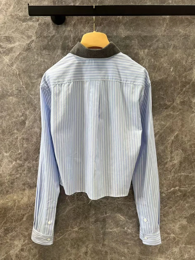 2025 spring women's new retro striped color matching lapel short shirt designer fashion all-match cotton straight shirt