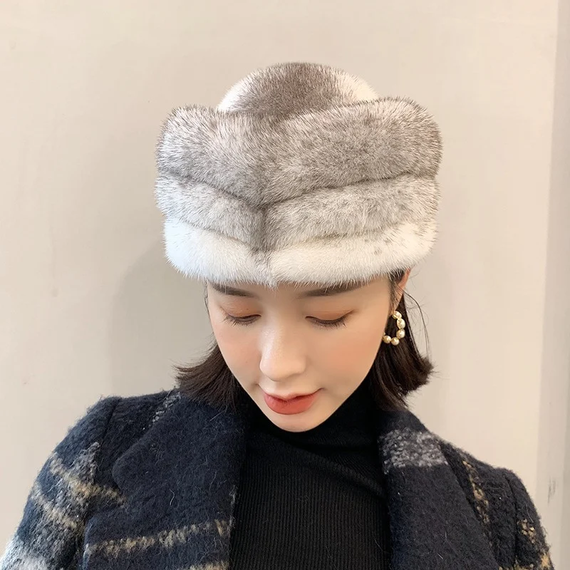 Ladies Thickened Warm Fur Winter Hat Pleated Design Mink Fur Straw Hat Temperament Ladies High Quality Windproof Outdoor Top Hat