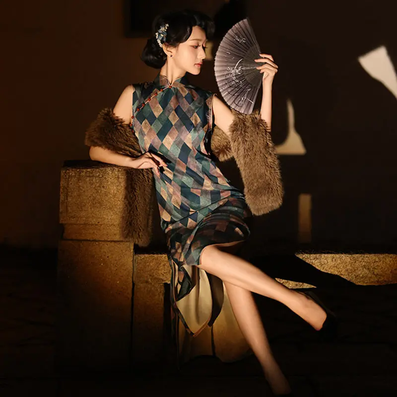 

Yourqipao Синее клетчатое платье в новом китайском стиле, без рукавов, длинное, улучшенный фасон, ципао, 2026, новый молодежный стиль, женское, высококачественное, летнее