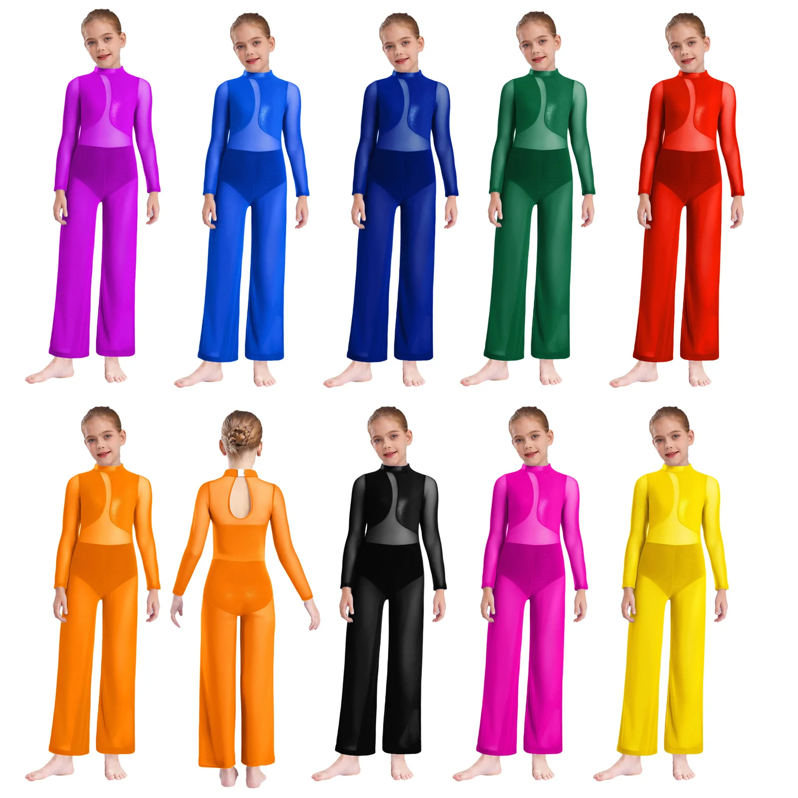 Kids Girls Gymnastics Stage Performance Costume Sheer Mesh Patchwork Wide-Leg Metallic Jumpsuit Long Sleeve Full Body Leotard