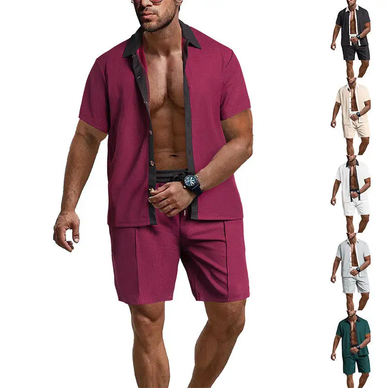 

Summer Casual Men's Shirt Short Sleeve Button-Up Color Block Set Short Pants Loose Fit Comfortable Breathable Male Model