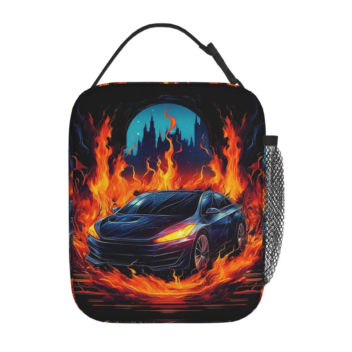 Cool Sports Car With Fire Pattern Insulated Lunch Bag for Women Children Portable Food Boxes Thermal Lunch Box Tote