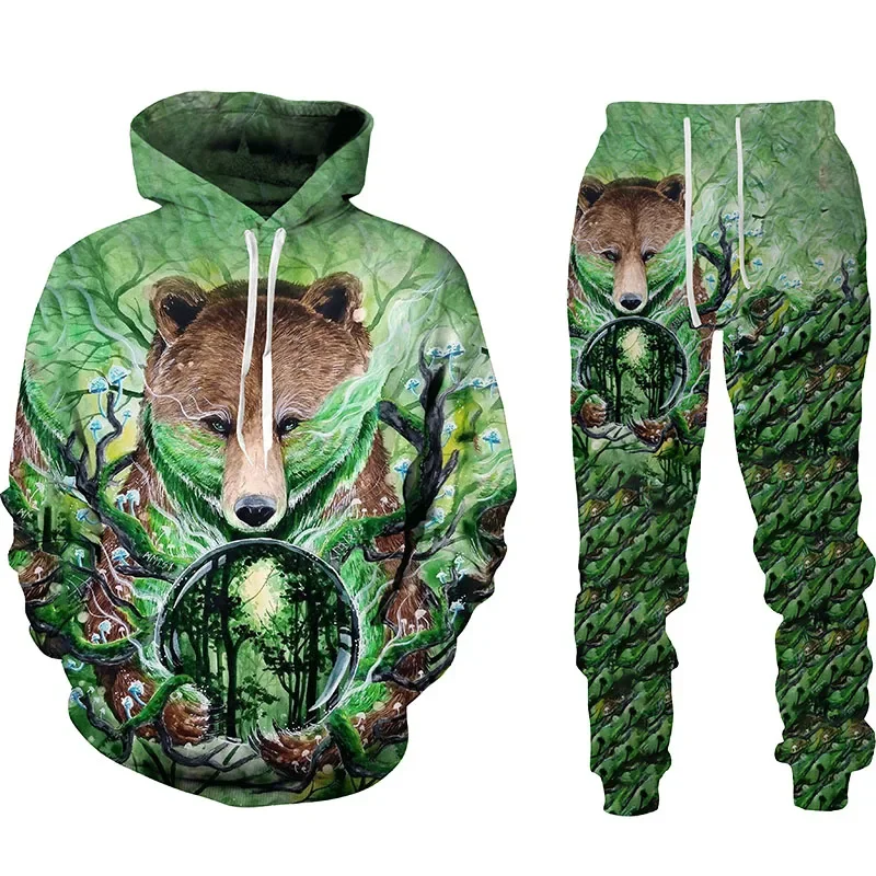 Men Animals Bear Camouflage Hoodies Suit 3D Print Tracksuit Pants 2Pcs Sets Outdoor Long Sleeve Pullover Oversize High-quality