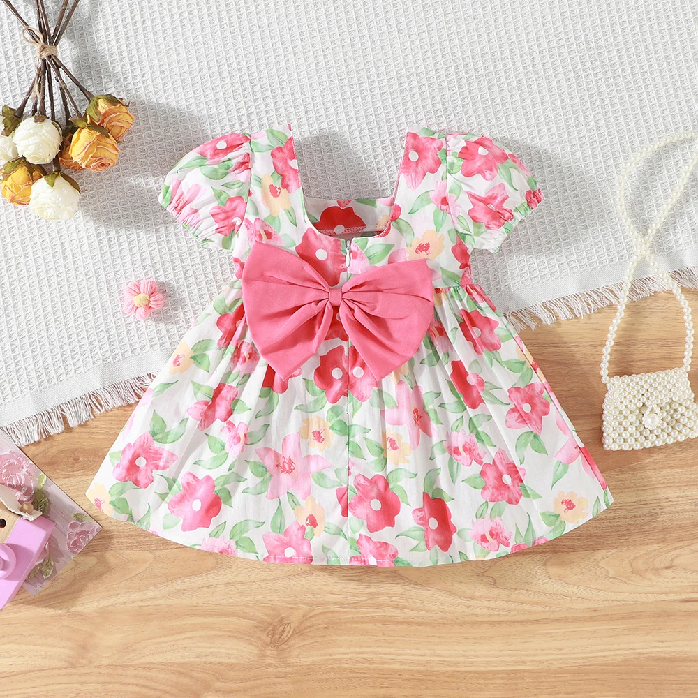 

Girls' Summer Cotton Bow Short Sleeved Korean Version Bubble Sleeve Princess Dress Beach Party Dress