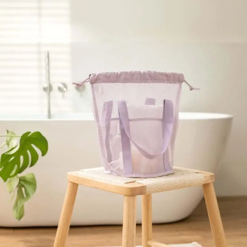 Reise-Kosmetiktasche mit Großer Kapazität aus Netzstoff, Faltbare Casual-Netztasche mit Kordelzug, Seilbündeltasche, Schwimm- und Waschbeutel – Detail 6