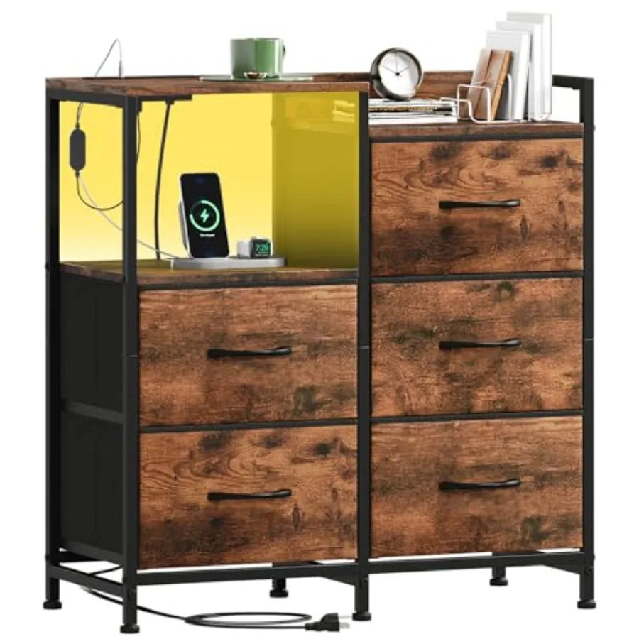 

Nightstand with Charging Station and LED Light Wide 5 Drawers Dresser for Bedroom with Fabric Bins and Open Shelf for Closet Do