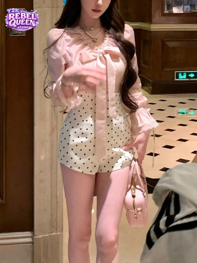 

Coquette Sweet Korean Elegant Two Piece Set Women Lace Trim Bow Satin Blouse Polka Dot High Waist Shorts Daily Wear Party Outfit