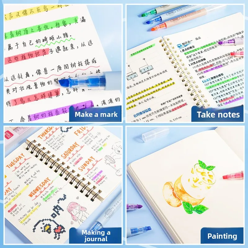 6-color Fluorescent Pen With Slanted Head Capable Of Drawing Thick And Thin Lines Bright Colors Student Office Stationery