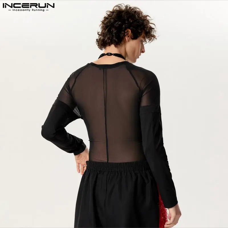 Incerun 2024 Herren Bodys Mesh Patchwork O-Ausschnitt Langarm männliche Stram pler Fitness transparente Mode sexy Bodysuit Männer S-3XL