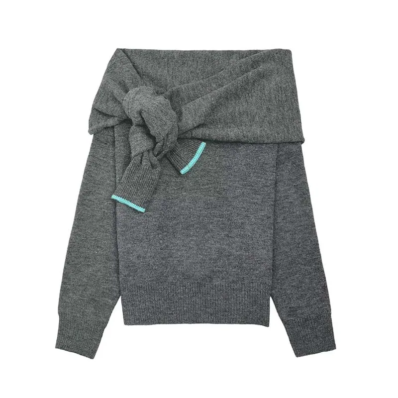 

Chic Autumn Knitted Pullover Women Off Shoulder Sweater Scarf Knot Collar Fashion Casual Long Sleeve Female Elegant Knitwear