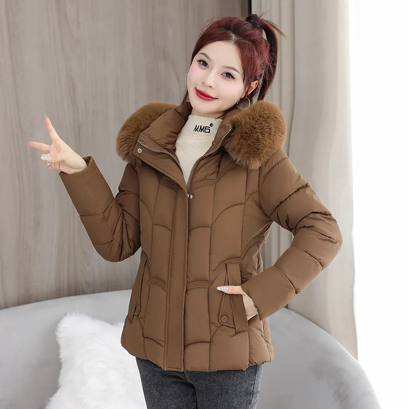 New Women's Cotton-padded Jacket, Short Jacket, Large Fur Collar Removable Hat, Women's Down Cotton-padded Clothing.