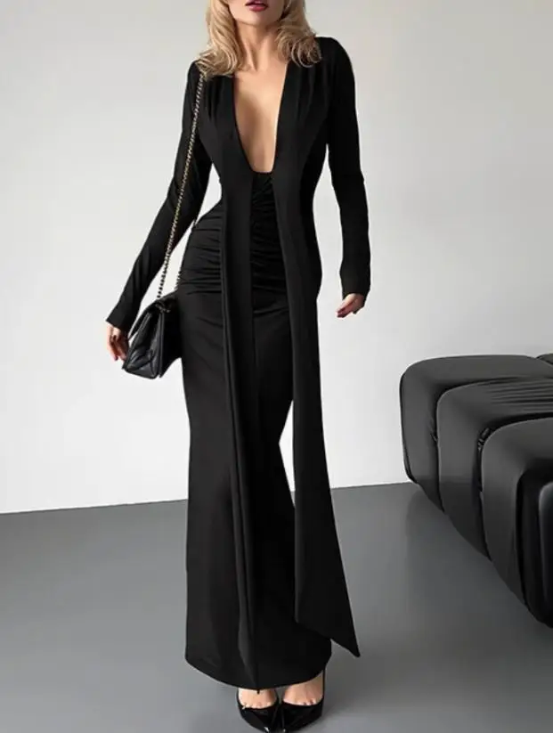 

2026 Spring/Summer New Women's Fashion Deep V Sexy Long Sleeve Elegant Slimming Dress Women's Wear