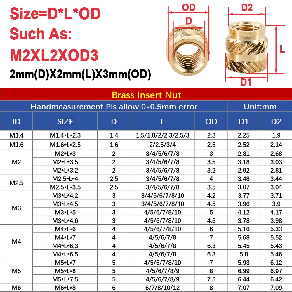 M2 M2.5 M3 M4 M5 Brass Heat Thread Insert Nut ＆ Phillips Cross Around Head Screw Set Knurling Hot Melt Injection Nuts Bolt Suite