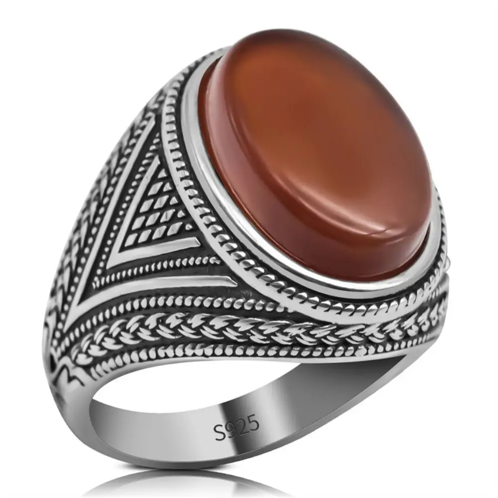 Wholesale Real 925 Sterling Silver Rings Men Natural Red Agate Stone Vintage Handmade Statement Wedding Hand Ring