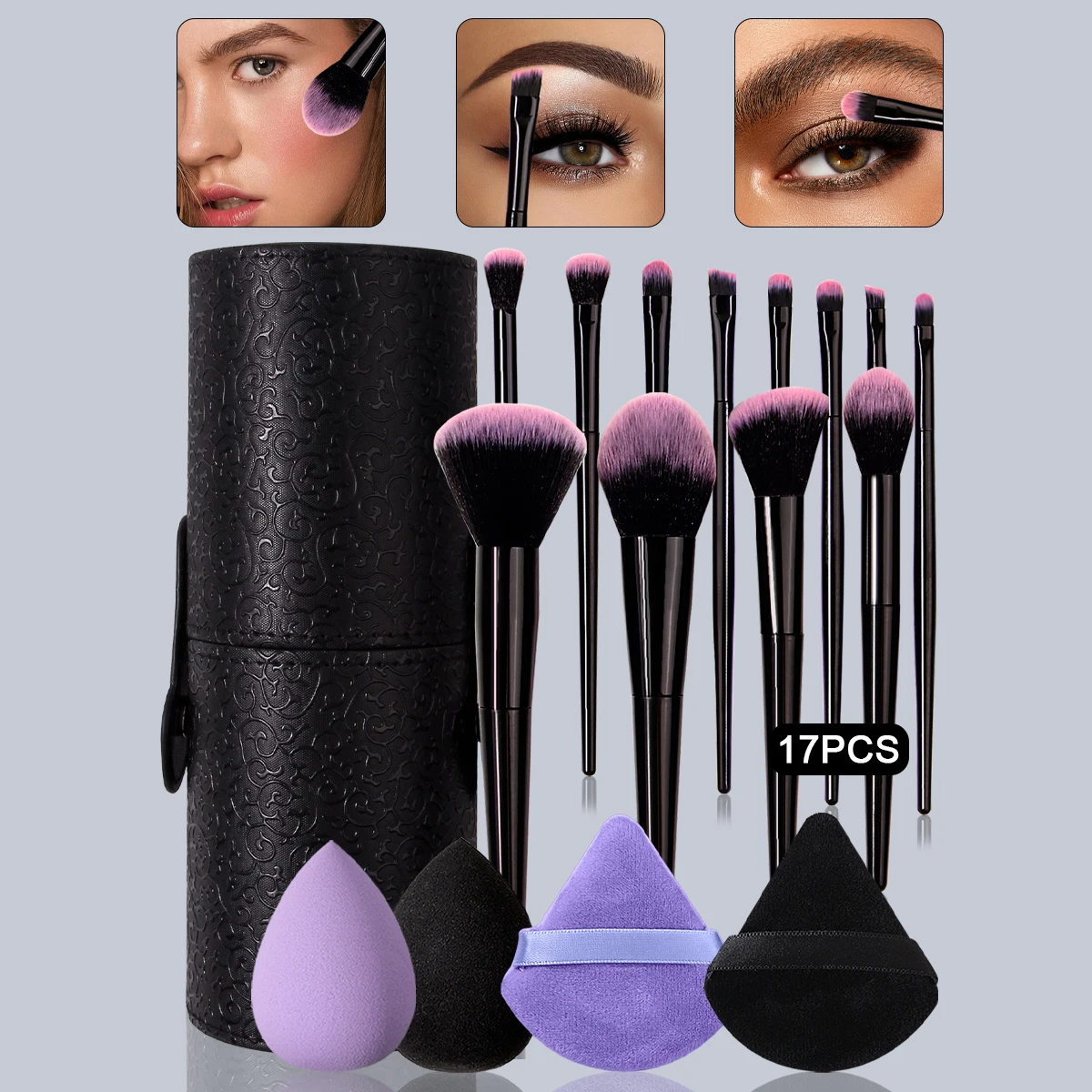 17-piece makeup brush set: 12 multi-functional makeup brush sets +4 powder puff beauty eggs + makeup brush storage bucket