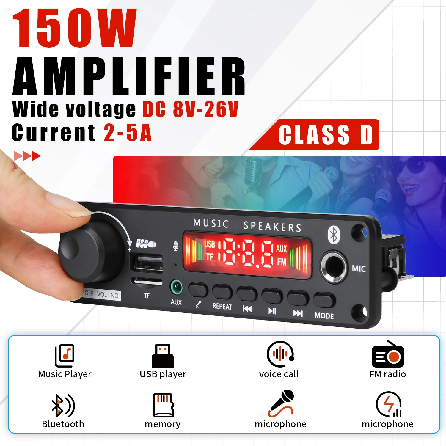 

150W Amplifier Bluetooth MP3 WMA WAV Decoder Board Handsfree Car Audio Microphone USB TF FM Radio Music Player Speaker DC 12V