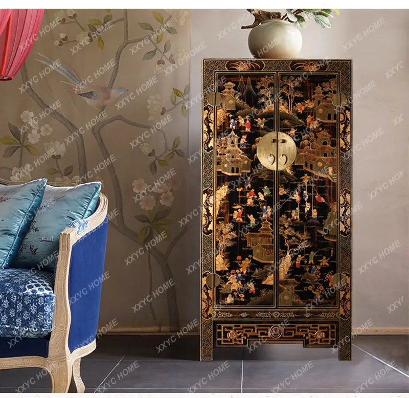 New Chinese Style Painted Wardrobe, Solid Wood Antique Hand-painted Gold-Painted Bedroom Storage Wardrobe
