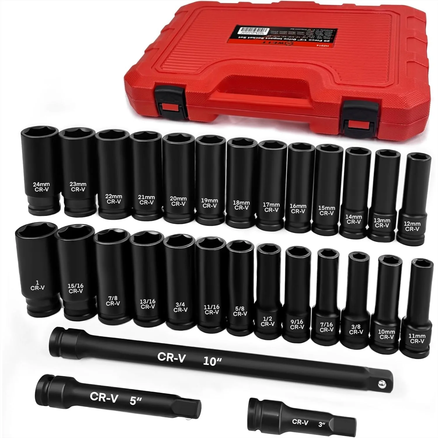 

1/2" Drive Impact Socket Set 29 Piece Deep Socket with Extension Bar Cr-V Steel SAE & Metric 6 Point