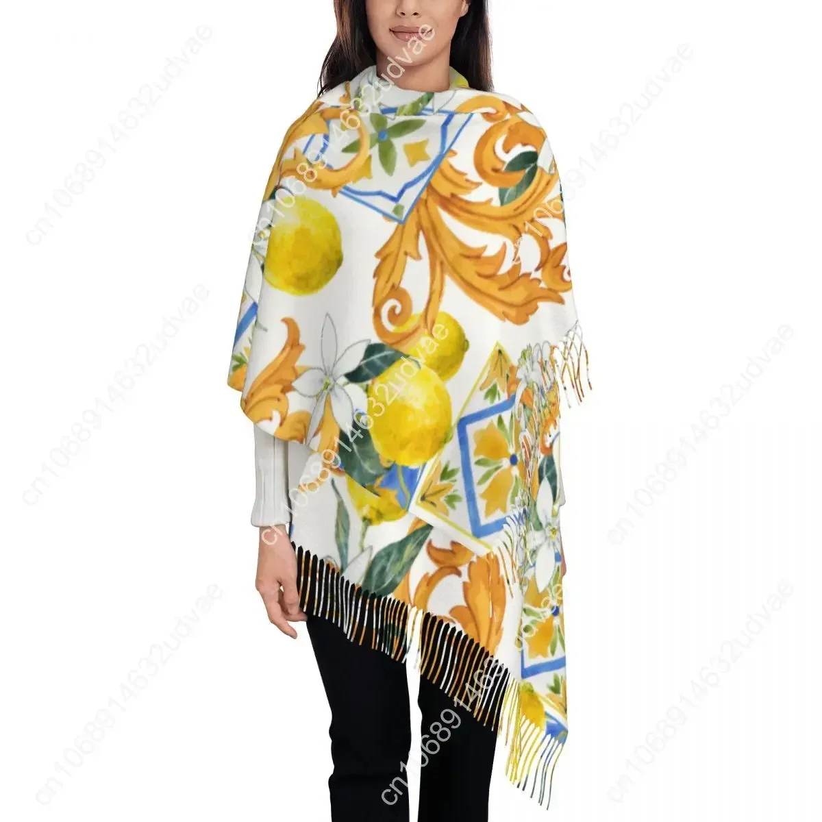 Bufanda de invierno con flores de limón para mujer, chales de envoltura fina, bufandas cálidas con borlas, monogramos dorados, Bufanda peluda, estola