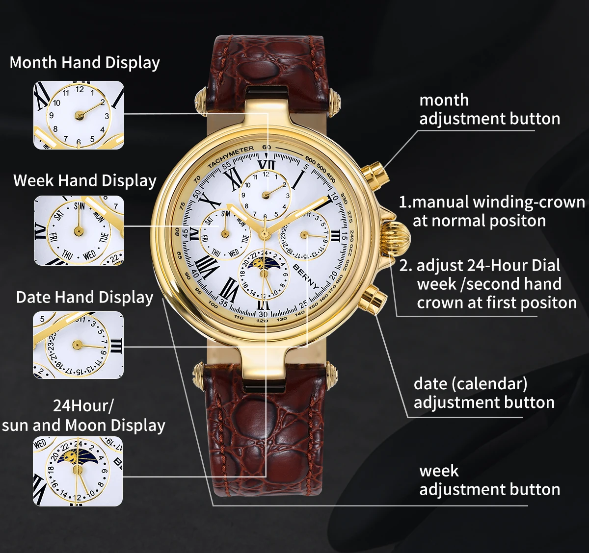 BERNY Retro Automatic Men's Watch Sun&Moon Phase Luminous ST1652 Classic Genuine Leather Luxury Mechanical Men's Dress Watches