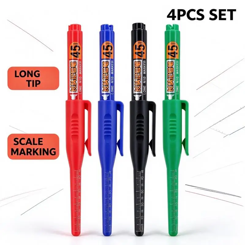 4Pcs Extended Deep Hole Marker Set, 45mm Long Tip Carpenter Marking Pen, Suitable for Woodworkers, Carpenters & Construction