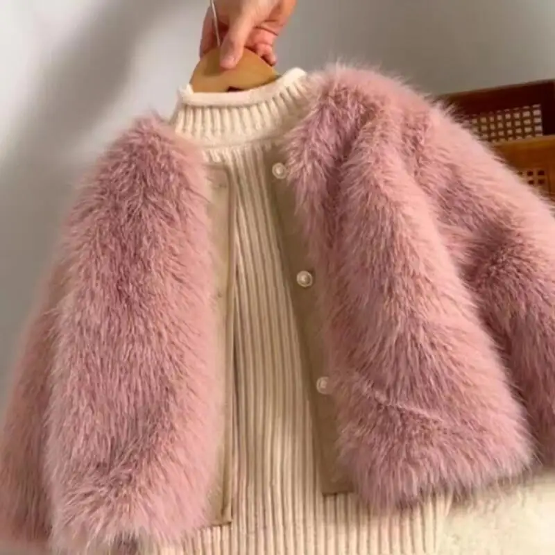

Толстое пальто для девочек, осенне-зимняя куртка из искусственного меха без воротника, короткое пальто в корейском стиле, удобная детская одежда для детей 4-12 лет