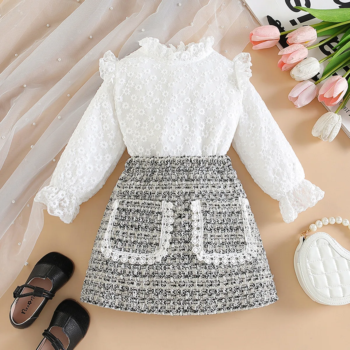 Girls party dress children's clothing spring and autumn girls' Chanel style suit jacquard lace top short skirt two-piece set